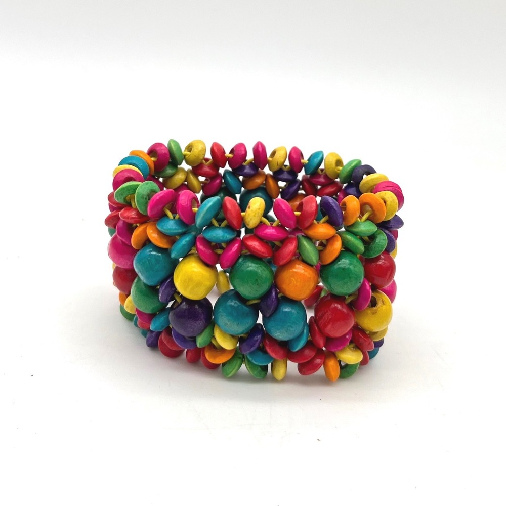 Multicolor Painted Wood Bead Stretch Cuff Bracelet Boho Rainbow Statement